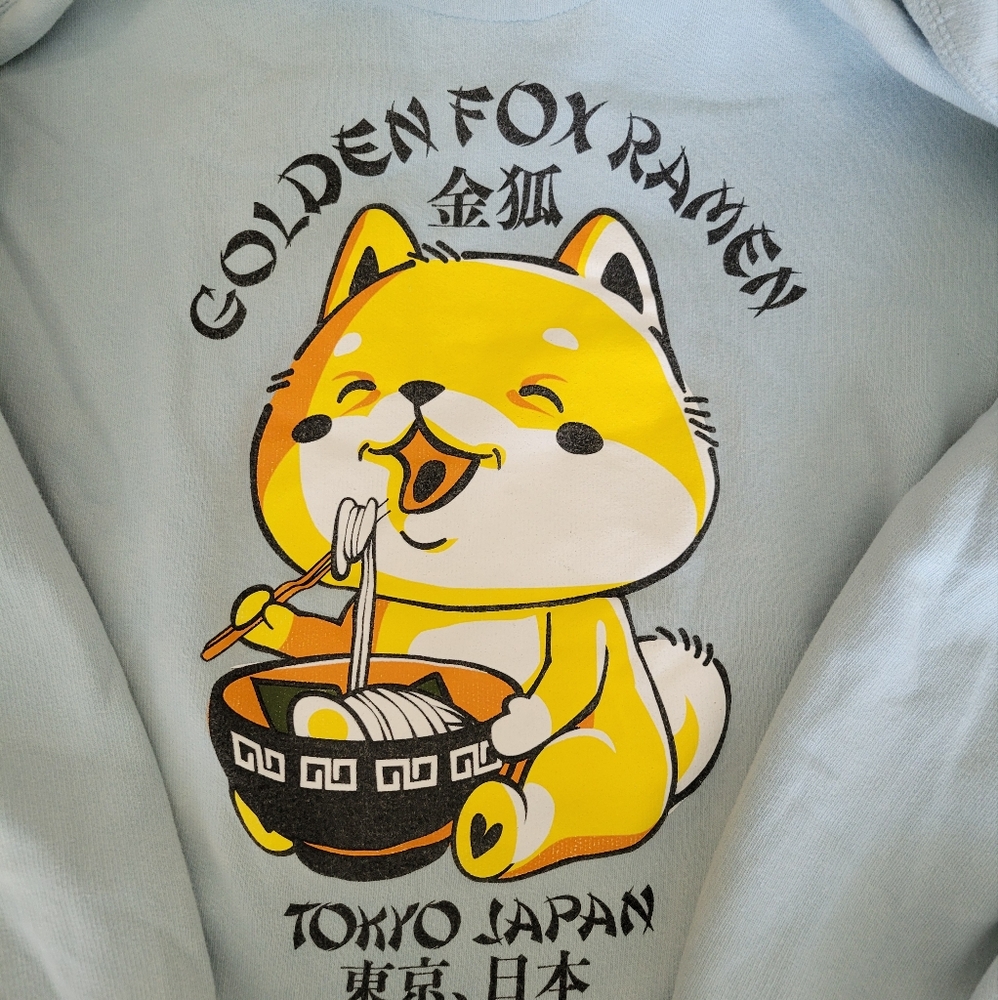Golden Fox Ramen Graphic Hoodie Sweatshirt L EUC Light Blue Unisex
